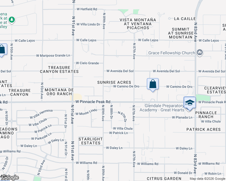 map of restaurants, bars, coffee shops, grocery stores, and more near 8817 West Camino De Oro in Peoria