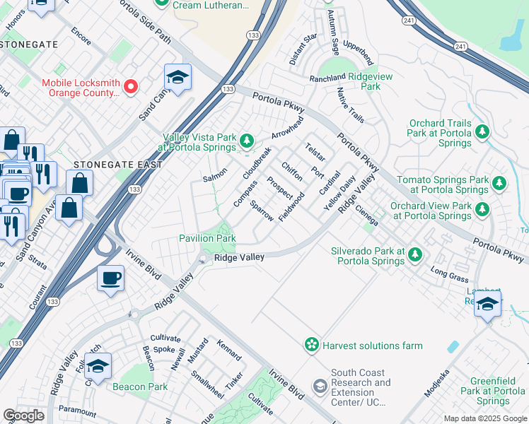 map of restaurants, bars, coffee shops, grocery stores, and more near 103 Sparrow in Irvine