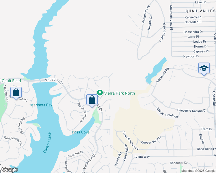 map of restaurants, bars, coffee shops, grocery stores, and more near 23105 Giant Fir Place in Canyon Lake