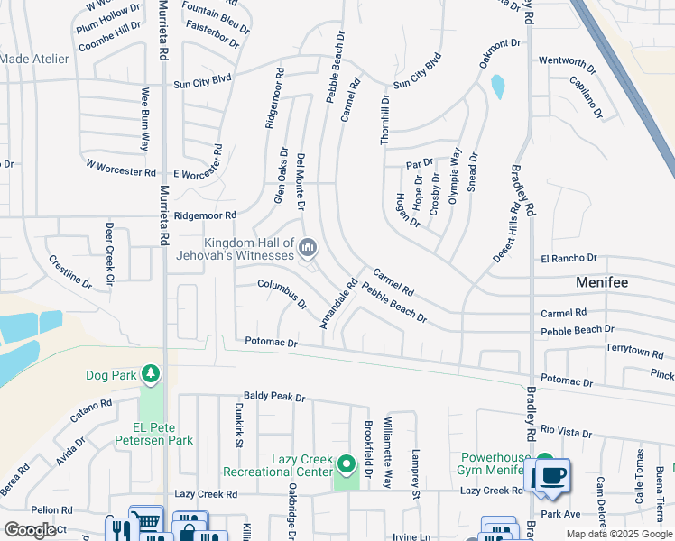 map of restaurants, bars, coffee shops, grocery stores, and more near 29135 Pebble Beach Drive in Menifee