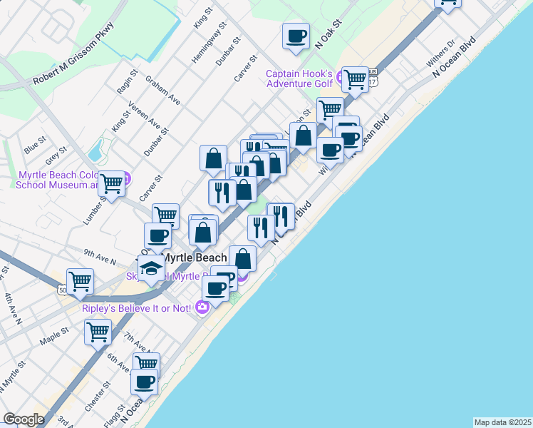 map of restaurants, bars, coffee shops, grocery stores, and more near 1500 Chester Street in Myrtle Beach