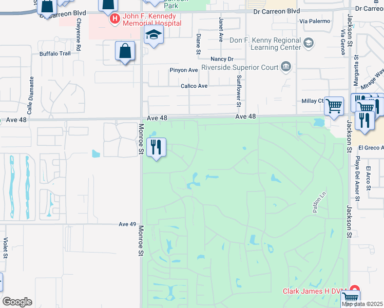 map of restaurants, bars, coffee shops, grocery stores, and more near 48386 Disney Drive in Indio