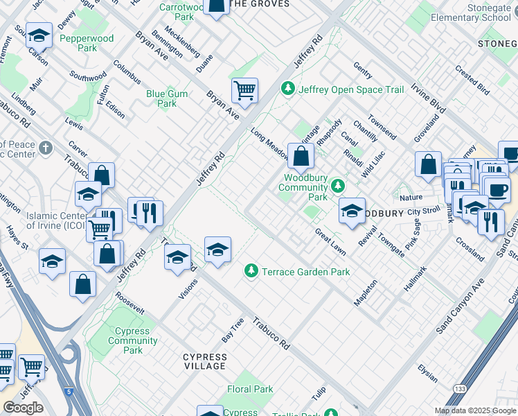 map of restaurants, bars, coffee shops, grocery stores, and more near 50 Vintage in Irvine
