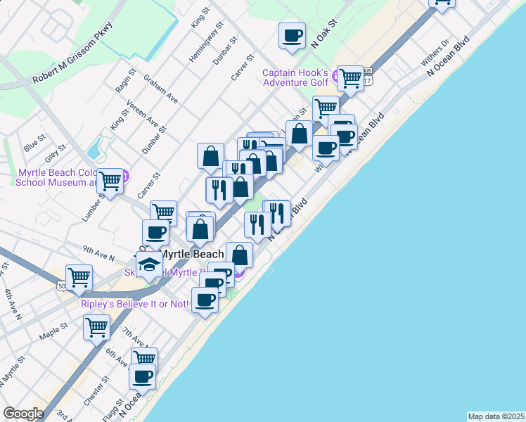 map of restaurants, bars, coffee shops, grocery stores, and more near 1500 Chester Street in Myrtle Beach