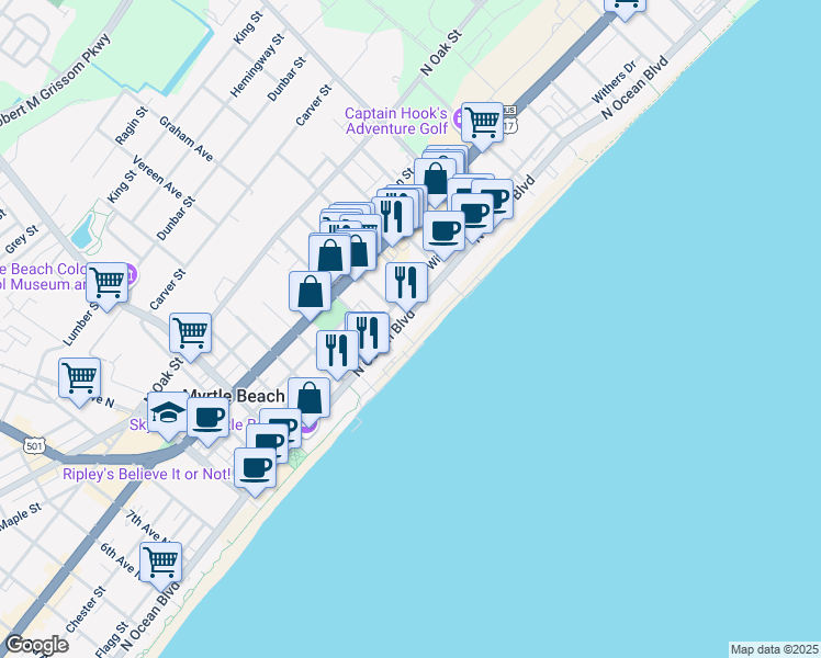 map of restaurants, bars, coffee shops, grocery stores, and more near 1700 North Ocean Boulevard in Myrtle Beach