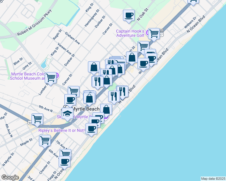 map of restaurants, bars, coffee shops, grocery stores, and more near 1500 Chester Street in Myrtle Beach