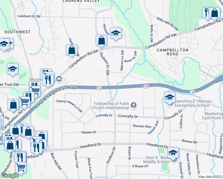 map of restaurants, bars, coffee shops, grocery stores, and more near 2080 Dodson Drive Southwest in Atlanta