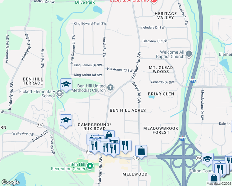 map of restaurants, bars, coffee shops, grocery stores, and more near 2096 Fairburn Road Southwest in Atlanta
