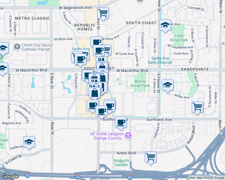 map of restaurants, bars, coffee shops, grocery stores, and more near 1030 West MacArthur Boulevard in Santa Ana
