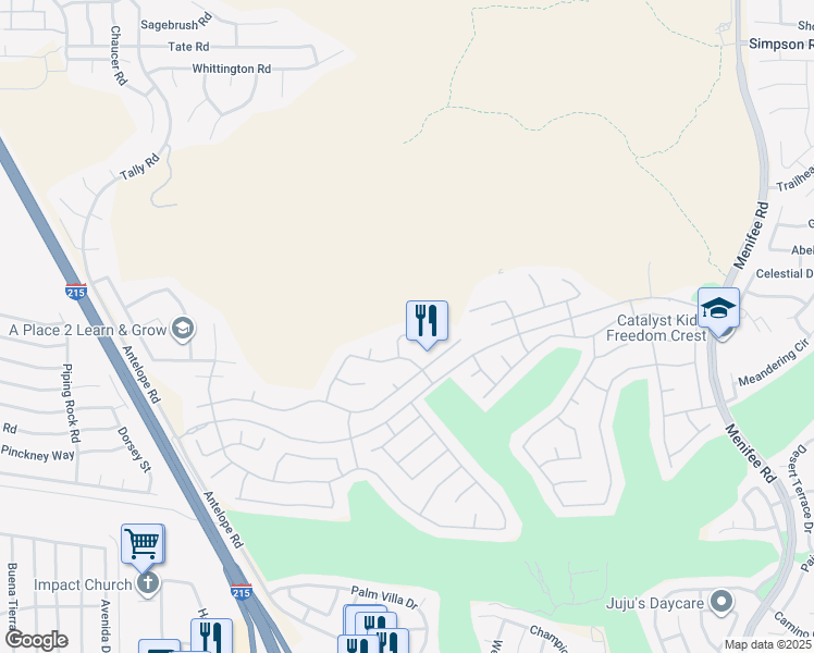 map of restaurants, bars, coffee shops, grocery stores, and more near 28264 Lone Mountain Court in Menifee