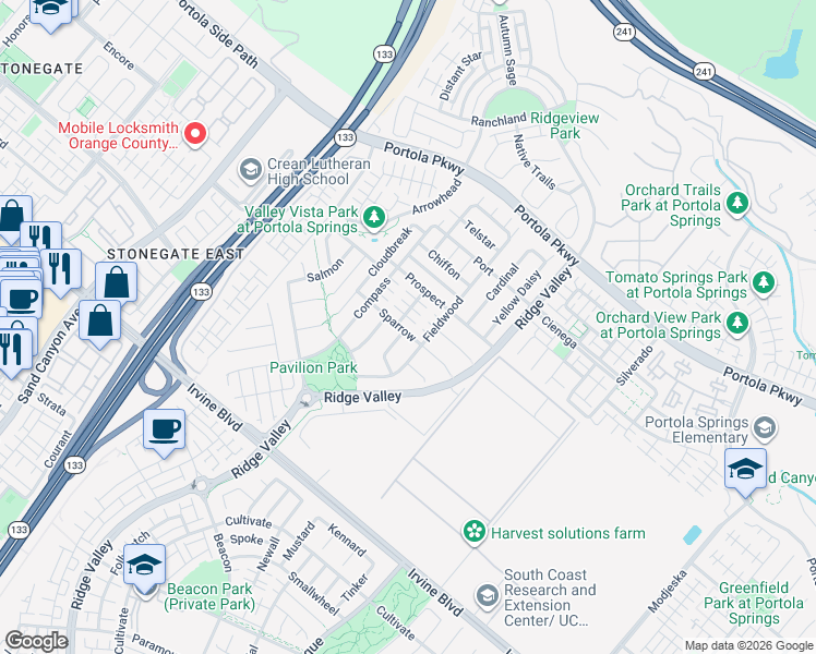 map of restaurants, bars, coffee shops, grocery stores, and more near 171 Trillium in Irvine