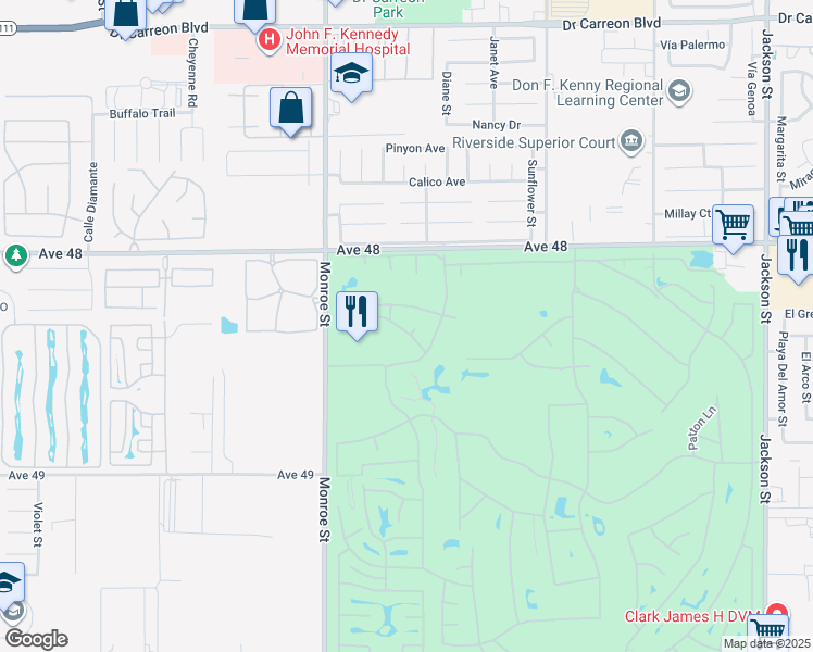 map of restaurants, bars, coffee shops, grocery stores, and more near 82180 Hanson Drive in Indio
