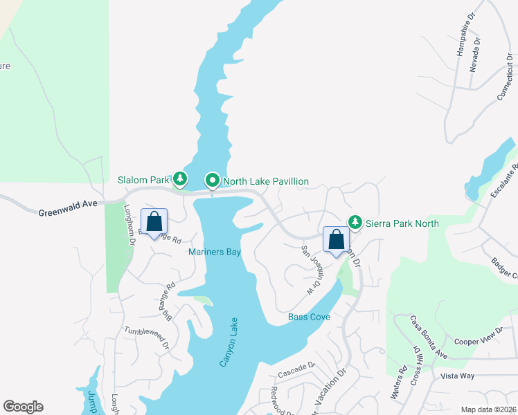 map of restaurants, bars, coffee shops, grocery stores, and more near 22570 Bass Place in Canyon Lake