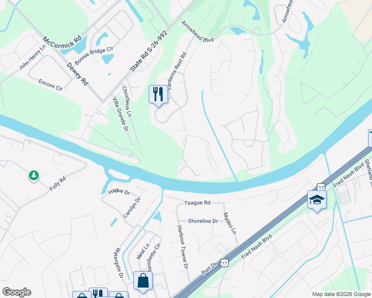 map of restaurants, bars, coffee shops, grocery stores, and more near 1525 Lanterns Rest Road in Myrtle Beach