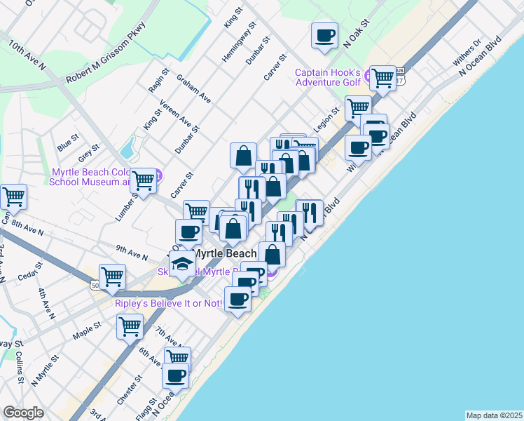map of restaurants, bars, coffee shops, grocery stores, and more near 400 14th Avenue North in Myrtle Beach