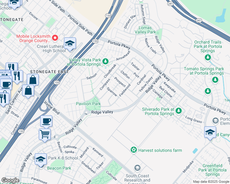map of restaurants, bars, coffee shops, grocery stores, and more near 123 Sparrow in Irvine
