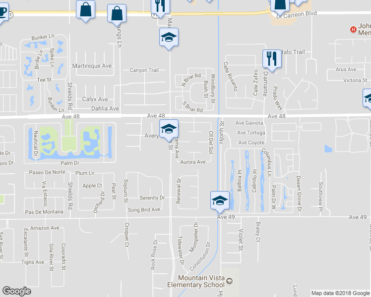 map of restaurants, bars, coffee shops, grocery stores, and more near 81078 La Reina Circle in Indio