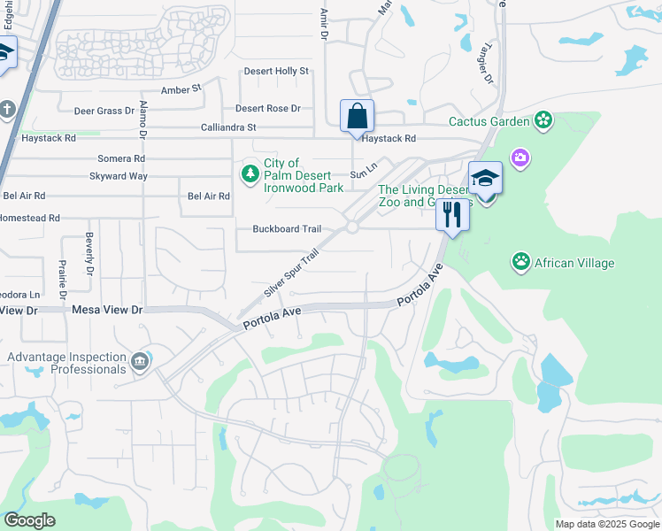map of restaurants, bars, coffee shops, grocery stores, and more near 73530 Feather Trail in Palm Desert