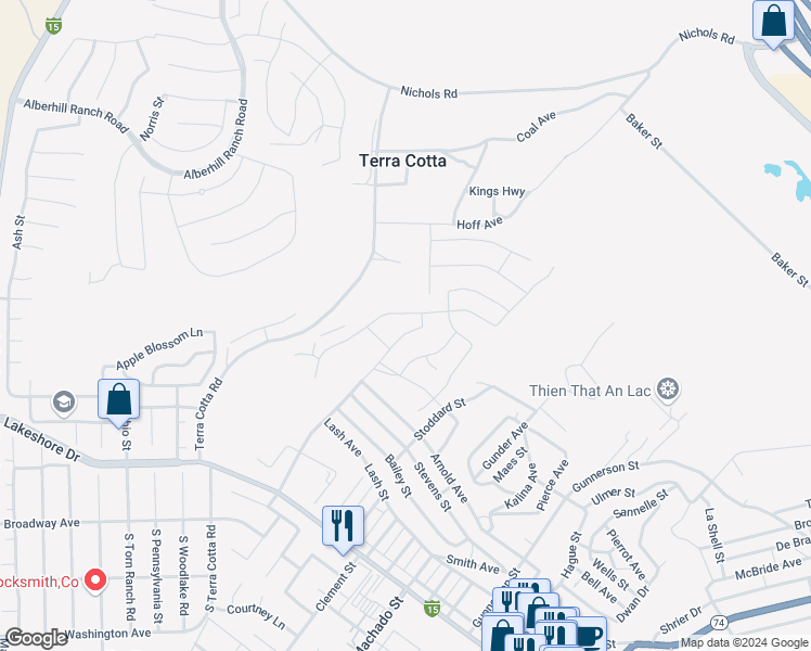 map of restaurants, bars, coffee shops, grocery stores, and more near 921 Dryden Street in Lake Elsinore