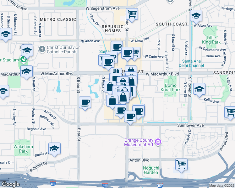 map of restaurants, bars, coffee shops, grocery stores, and more near 3640 South Bristol Street in Santa Ana