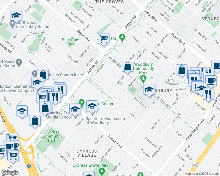 map of restaurants, bars, coffee shops, grocery stores, and more near 50 Vintage in Irvine