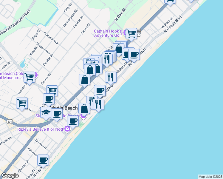 map of restaurants, bars, coffee shops, grocery stores, and more near 1700 North Ocean Boulevard in Myrtle Beach