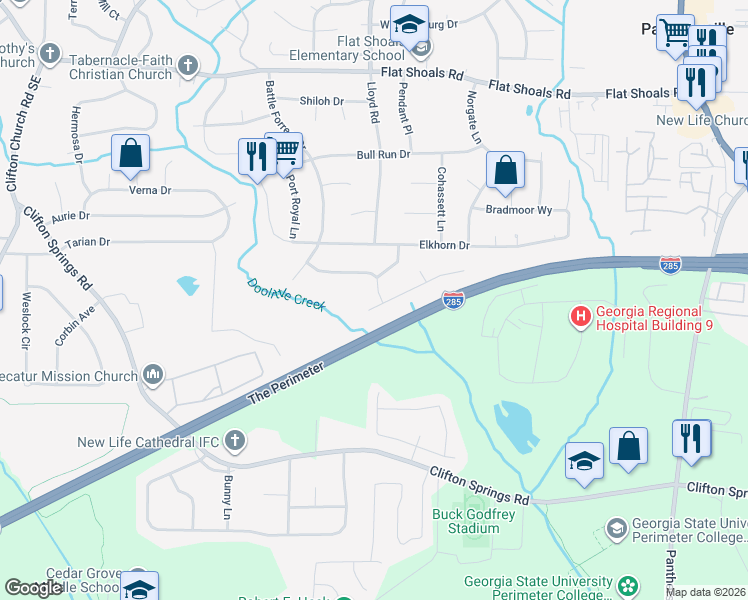map of restaurants, bars, coffee shops, grocery stores, and more near 2585 Appomattox Drive in Decatur
