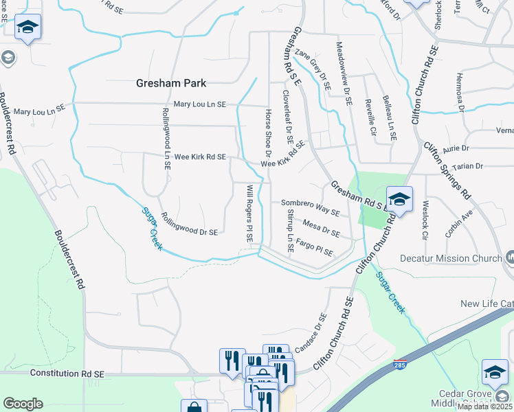 map of restaurants, bars, coffee shops, grocery stores, and more near 3030 Will Rogers Place Southeast in Atlanta