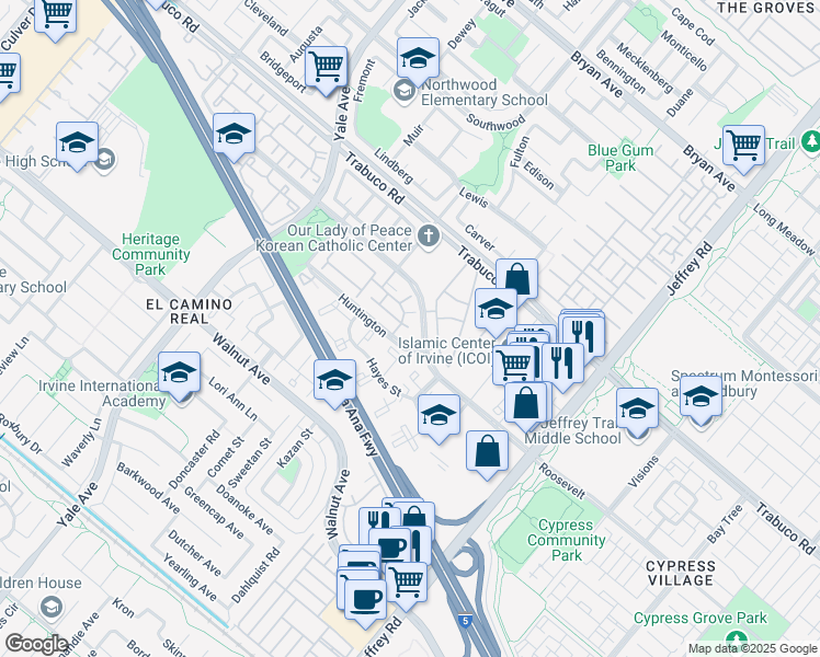 map of restaurants, bars, coffee shops, grocery stores, and more near 259 Huntington in Irvine