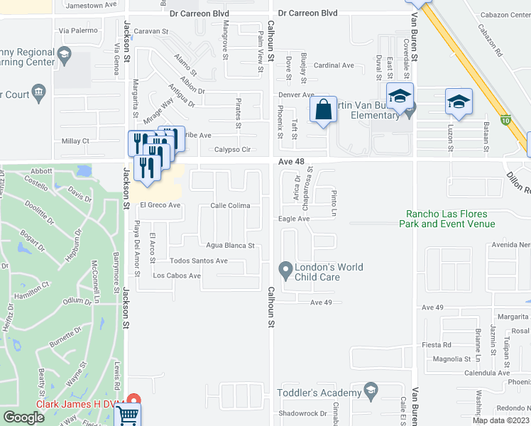 map of restaurants, bars, coffee shops, grocery stores, and more near 48404 La Playa Street in Coachella