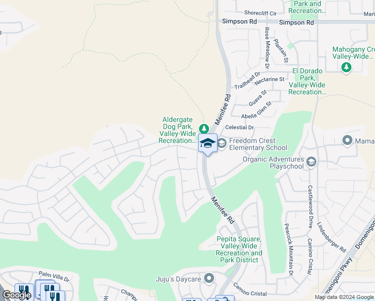 map of restaurants, bars, coffee shops, grocery stores, and more near 28929 Raintree Drive in Menifee