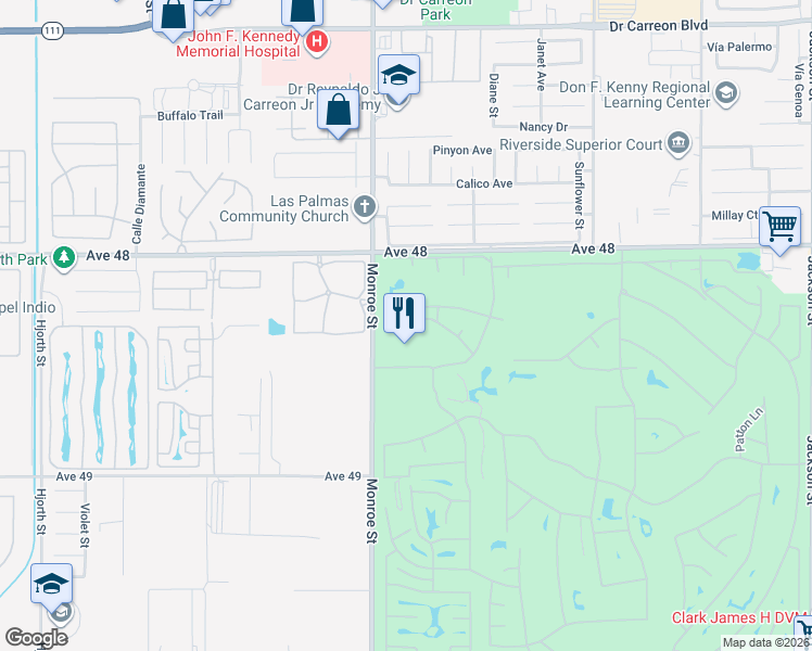 map of restaurants, bars, coffee shops, grocery stores, and more near 82109 Hanson Drive in Indio