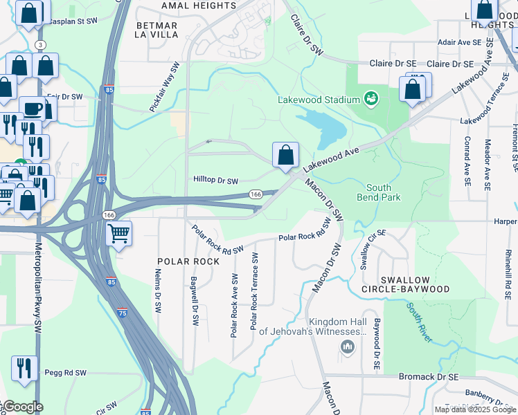 map of restaurants, bars, coffee shops, grocery stores, and more near Lakewood Freeway in Atlanta