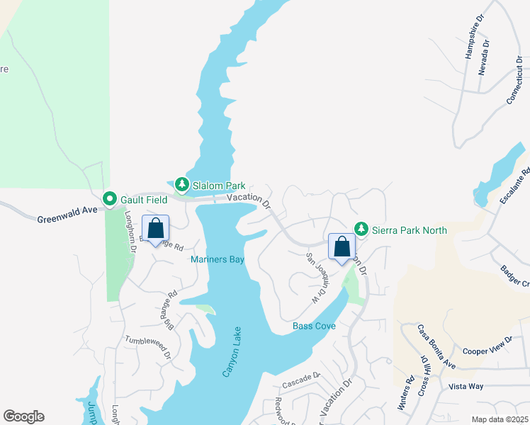 map of restaurants, bars, coffee shops, grocery stores, and more near 22570 Bass Place in Canyon Lake