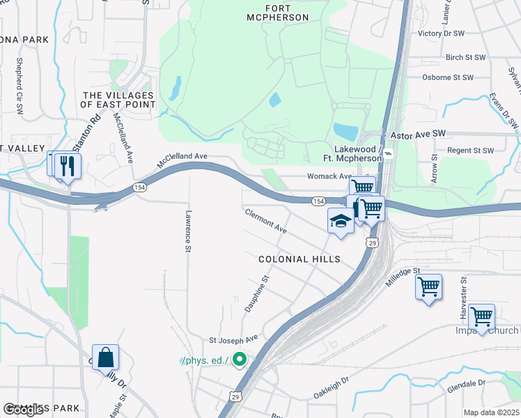 map of restaurants, bars, coffee shops, grocery stores, and more near 1464 Hawthorne Way in East Point