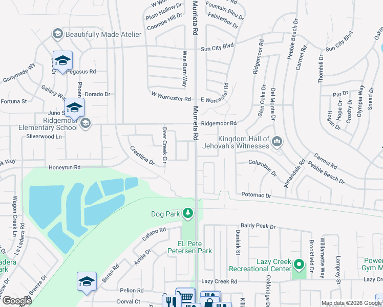 map of restaurants, bars, coffee shops, grocery stores, and more near 29164 Paperflower Lane in Menifee