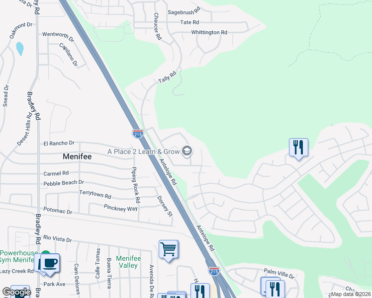 map of restaurants, bars, coffee shops, grocery stores, and more near 29160 Stone Ridge Street in Menifee