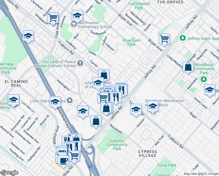 map of restaurants, bars, coffee shops, grocery stores, and more near 5410 Trabuco Road in Irvine