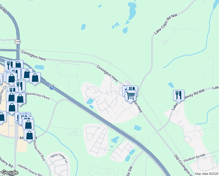 map of restaurants, bars, coffee shops, grocery stores, and more near 7915 Covington Highway in Conyers