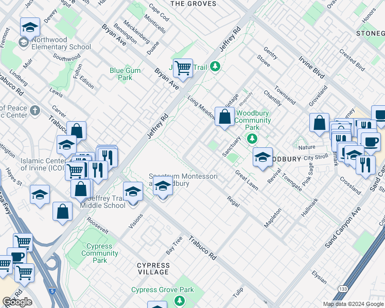 map of restaurants, bars, coffee shops, grocery stores, and more near 7535 Irvine Center Drive in Irvine