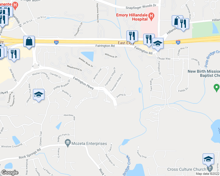 map of restaurants, bars, coffee shops, grocery stores, and more near 1104 Fairington Ridge Circle in Lithonia