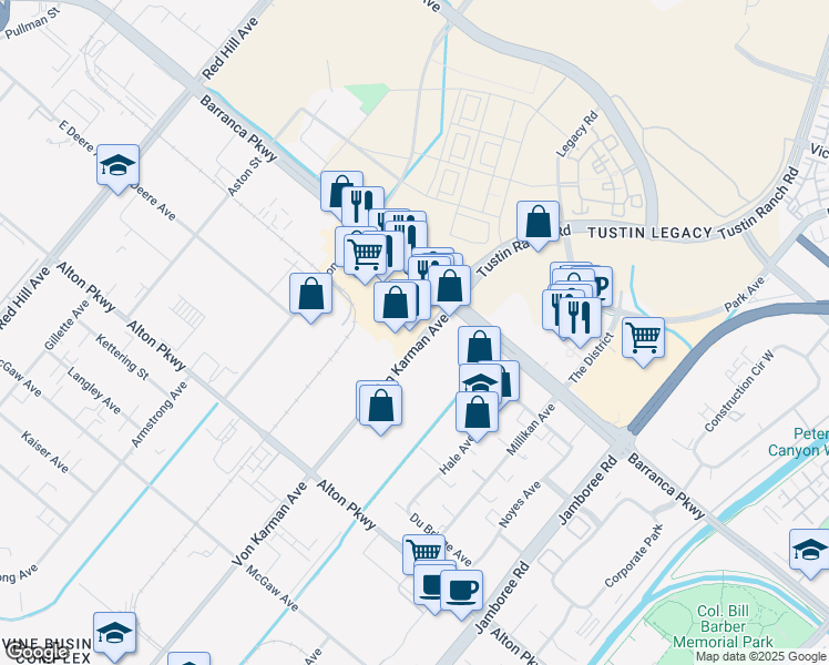 map of restaurants, bars, coffee shops, grocery stores, and more near 16567 Von Karman Avenue in Irvine