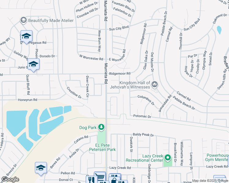map of restaurants, bars, coffee shops, grocery stores, and more near 26078 Westridge Avenue in Menifee