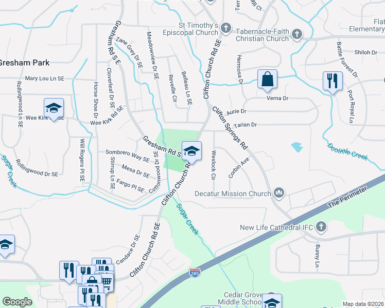 map of restaurants, bars, coffee shops, grocery stores, and more near 3036 Clifton Church Road Southeast in Atlanta