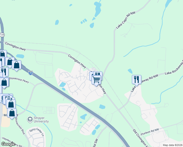 map of restaurants, bars, coffee shops, grocery stores, and more near 7915 Covington Highway in Conyers