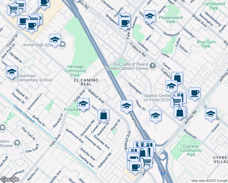 map of restaurants, bars, coffee shops, grocery stores, and more near in Irvine