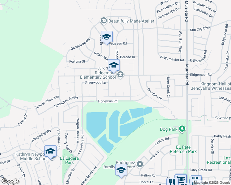 map of restaurants, bars, coffee shops, grocery stores, and more near 23931 Black Hills Circle in Menifee