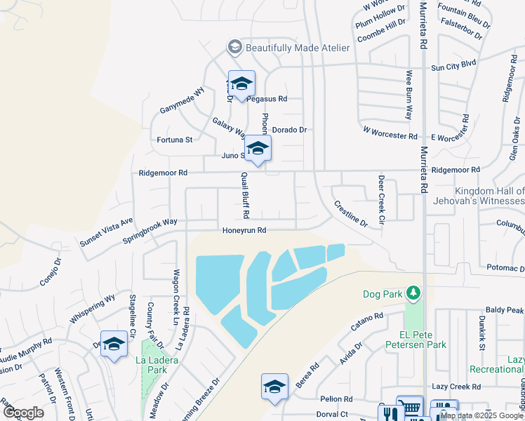 map of restaurants, bars, coffee shops, grocery stores, and more near 23931 Black Hills Circle in Menifee