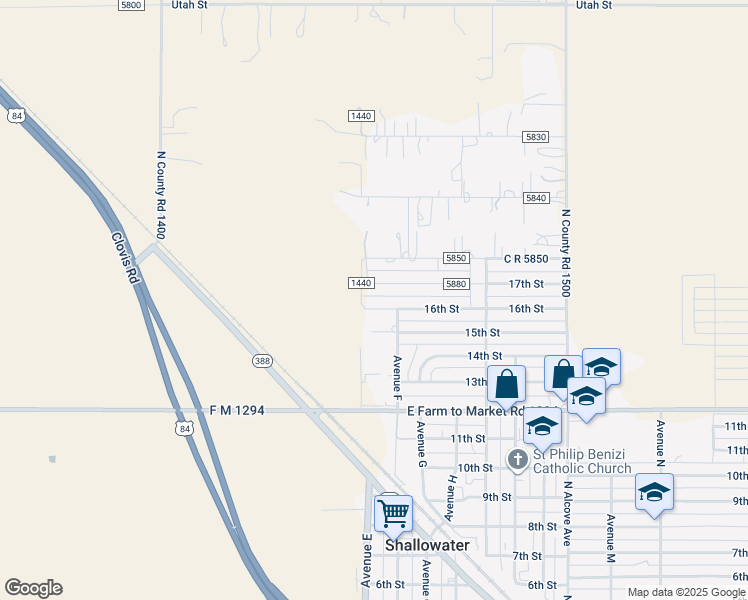 map of restaurants, bars, coffee shops, grocery stores, and more near 505 16th Street in Shallowater