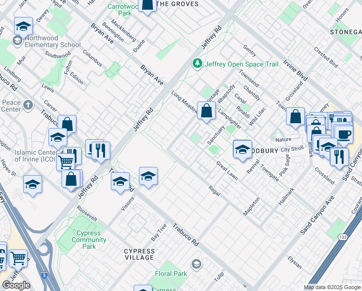 map of restaurants, bars, coffee shops, grocery stores, and more near 38 Vintage in Irvine